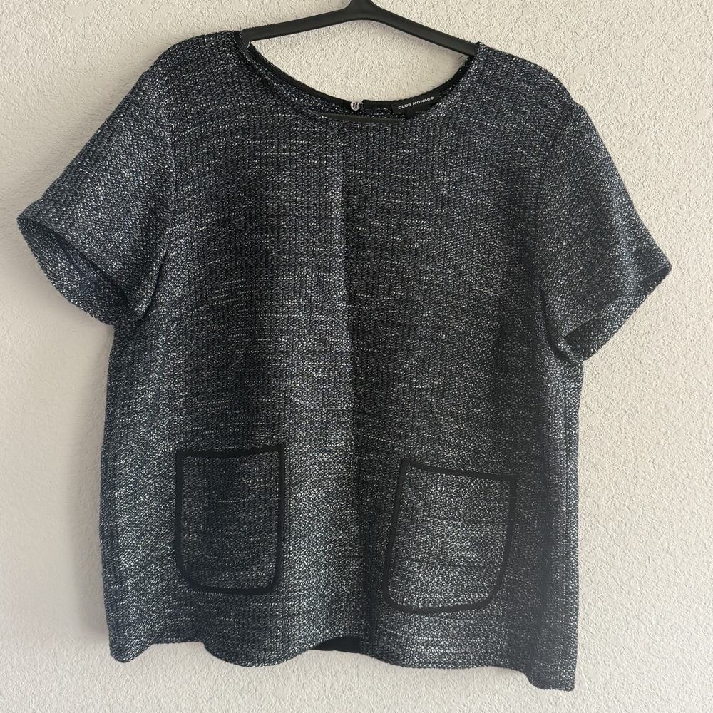 Club Monaco Navy Boucle Tweed Short Sleeve Boxy Top- L Old Money Office Classic